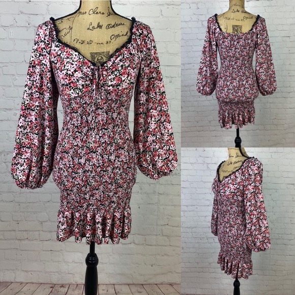 Almost Famous Floral Print Lantern Sleeve Bodycon Dress - Picture 1 of 1